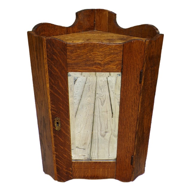 Antique Oak Corner Medicine Cabinet Beveled Mirror Cupboard Kitchen Apothecary For Sale