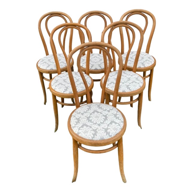Bistro Chairs in Bent Beechwood and Damask Fabric from Fischel, 1890s For Sale