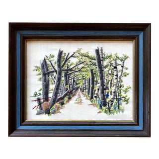 20th Century Crewel Embroidery Birch Tree Path Wall Art For Sale