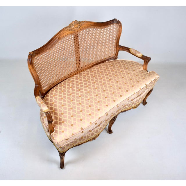 Louis XV Style Hand-Carved Cane Settee Upholstered, 1980s, Italy For Sale - Image 11 of 13