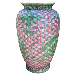Vintage Basketweave Hand Painted Pink Green Ceramic Vase Andrea by Sadek For Sale