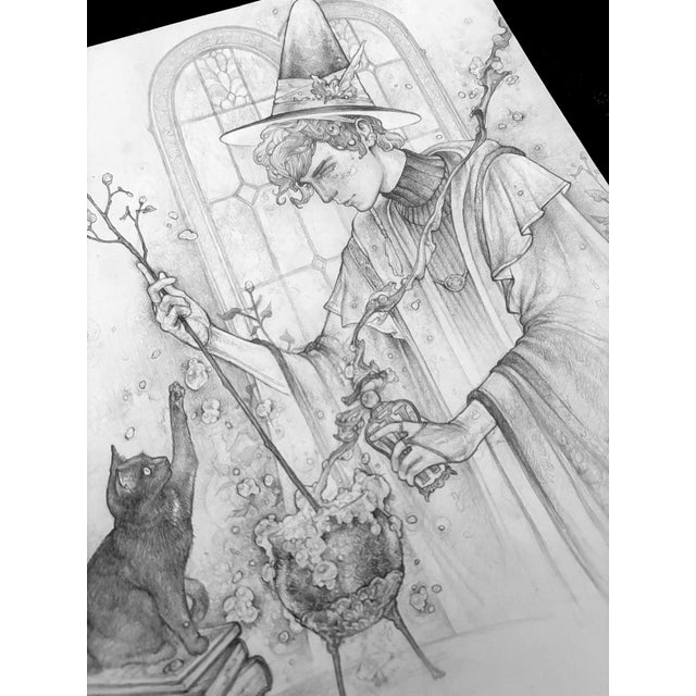 In "Brewing Up Whimsy," a figure adorned in a whimsical hat engages in a magical ritual, stirring a cauldron while a...