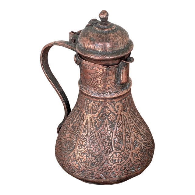 19th Century Hand Etched Middle Eastern Tinned Copper Coffee Pot For Sale