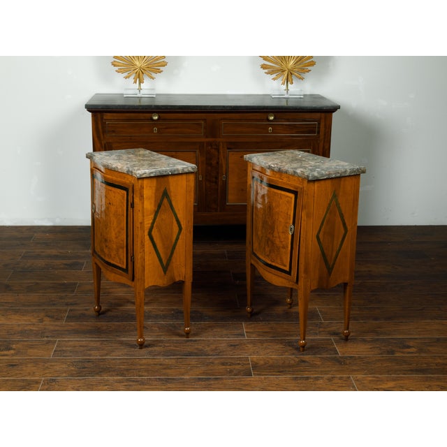 Italian Pair of Italian 1840s Walnut Tables with Variegated Marble Top and Single Door For Sale - Image 3 of 11
