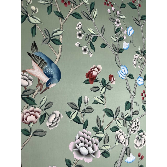 Chinoiserie Sage Green Chinoiserie Mural | 10-Panel Hand-Painted Floral & Bird Wallpaper For Sale - Image 3 of 5