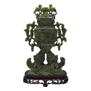 Large Green Serpentine Covered Vase, China For Sale