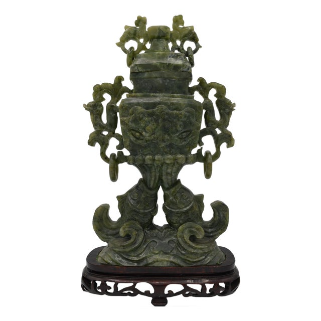 Large Green Serpentine Covered Vase, China For Sale