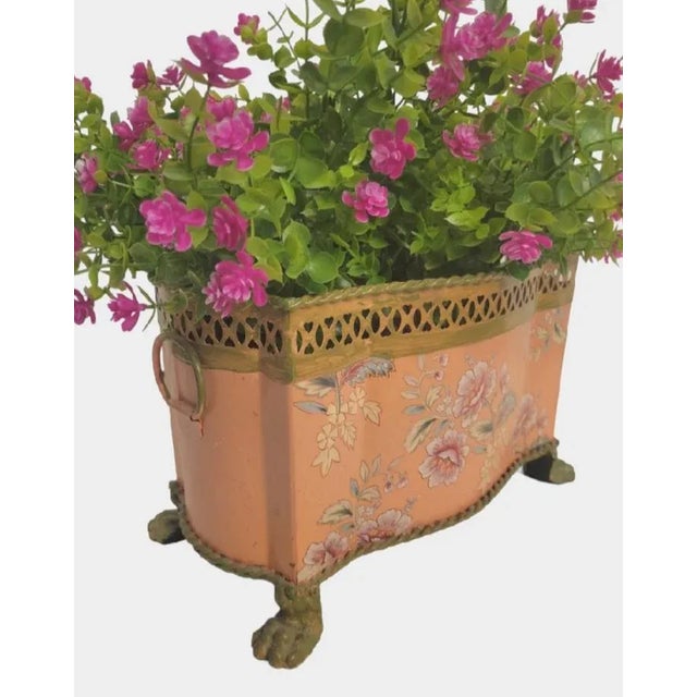 Traditional Chelsea House Style Pink Floral Metal Claw Foot Lattice Floral Arrangement Large Container Cache Pot For Sale - Image 3 of 11