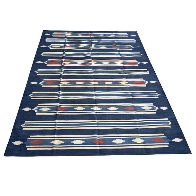 Handmade Cotton Area Rug, Vegetable Dyed, Indigo Blue, Cream and Terracotta Striped Dhurrie -6'x9' For Sale - Image 10 of 13