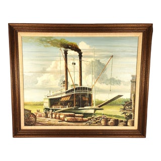 Signed Lionel Kabel Oil Painting “Natchez at Rest” | Original Mississippi Steamboat Oil Painting For Sale