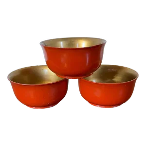 Antique 19th Century Japanese Meiji Red Lacquer Wood Bowls - Set of 3