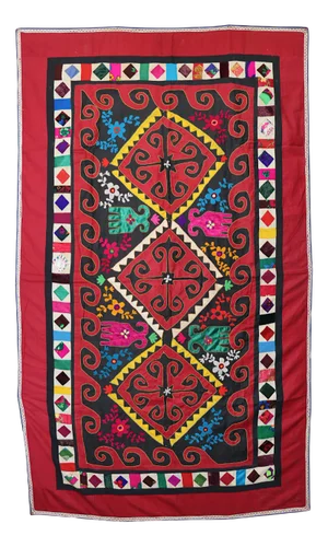 Vintage Embroidered Uzbek Wall Hung Patchwork Tapestry, 1920s