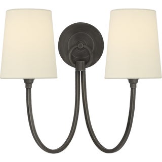 Thomas O'Brien for Visual Comfort Signature Reed Double Sconce in Bronze with Linen Shades For Sale