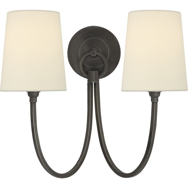 Thomas O'Brien for Visual Comfort Signature Reed Double Sconce in Bronze with Linen Shades For Sale