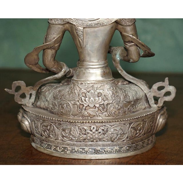 Tibetan Silvered Metal Buddhist Deity Figure Statue on Lotus Base For Sale - Image 16 of 18
