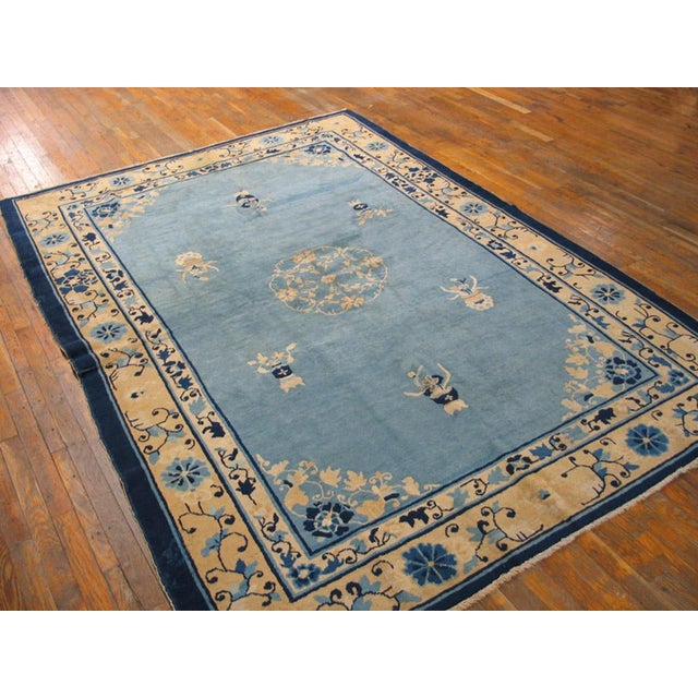 Chinese 1900s Blue Medallion Antique Chinese Peking Rug 6'0" X 8'6" Handknotted Wool Carpet For Sale - Image 3 of 6