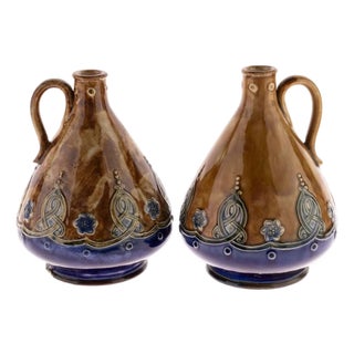 Art Nouveau Lambeth Stoneware Pottery Whiskey Flasks, Set of 2 For Sale