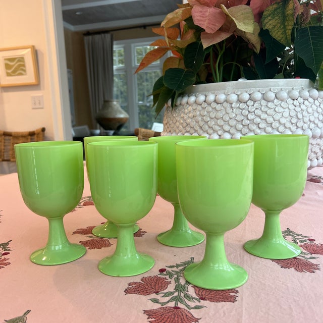 French Portieux Vallerysthal Jade Green Opaline Glass Water or Wine Goblets Circa 1920-1940s For Sale - Image 9 of 10