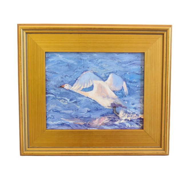 Snow Goose Taking Flight Lake Oil Painting by Sean Wu Including Antiqued Gold Wood Frame For Sale - Image 9 of 10