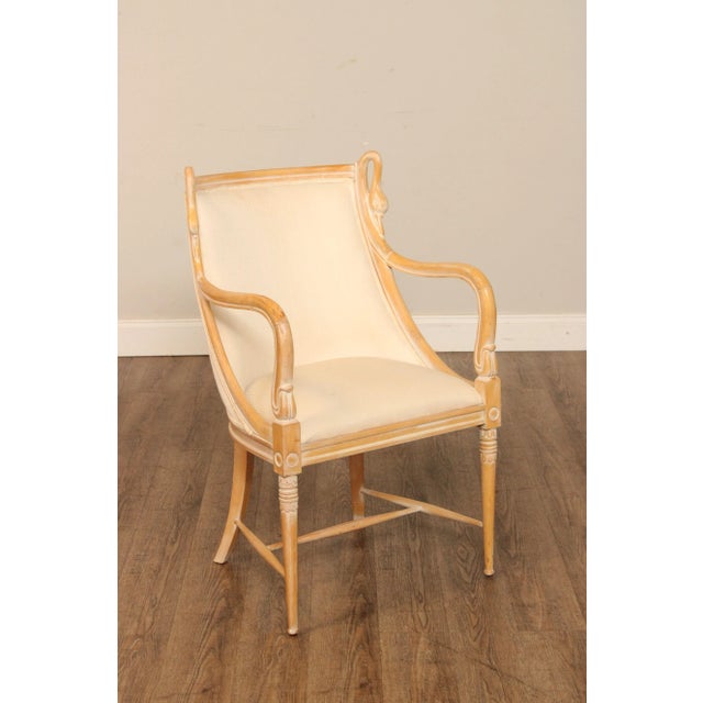 High Quality Italian Pair of Carved and Cerused Finish Wood Armchairs with Custom Upholstery