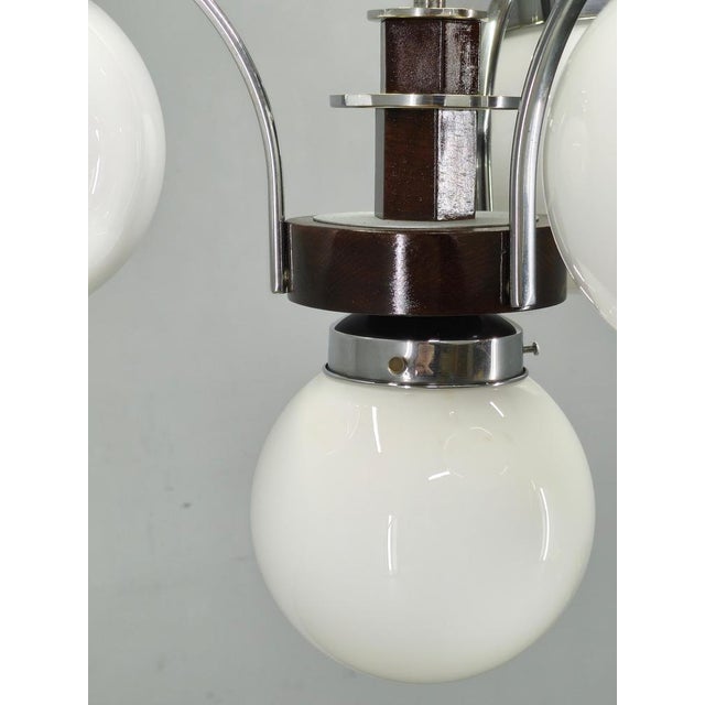 Metal Czech Art Deco Chandelier with Four Opaline Glass Shades, 1930s For Sale - Image 7 of 15