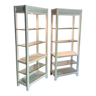 70s Vintage Henry Link White Wicker Lighted Etageres Display Glass Shelves - A Pair For Sale