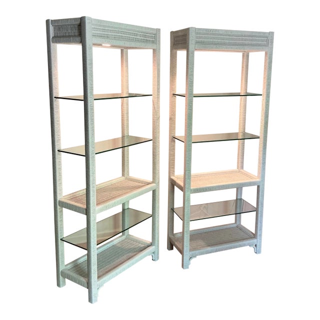 70s Vintage Henry Link White Wicker Lighted Etageres Display Glass Shelves - A Pair For Sale