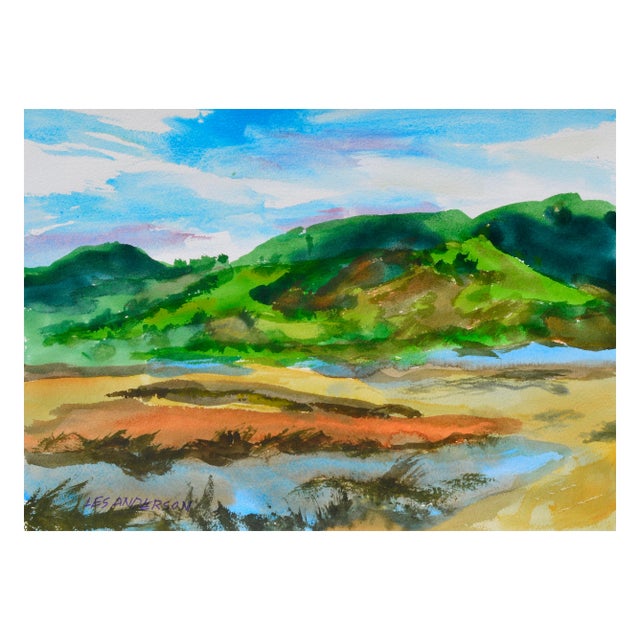 Paper Vintage Hillside Lake Watercolor Landscape by Les Anderson For Sale - Image 7 of 7
