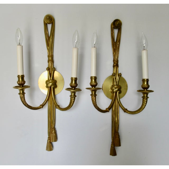French Vintage French 19th. Century Louis XVI Style Bronze Twin-Arm, Rope & Tassel Ormolu Wall Lighted Sconces -Pair For Sale - Image 3 of 17