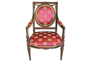 French Regence Red & Carved Wood Fauteuil Armchair