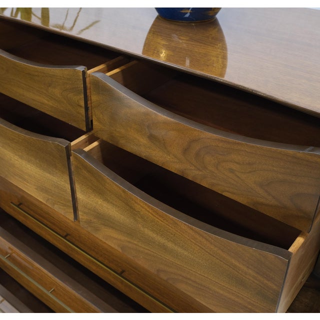 Light Walnut Bow Front Drawers Long Brass Pull Hardware Gentleman's Chest Mint For Sale - Image 11 of 18