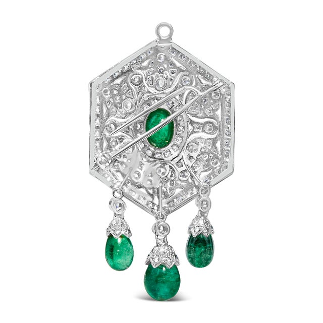 18K 2 3/4 Cttw Diamond and Emerald Dangle Art Deco Shield Brooch Pin Pendant (G-H Color, VS1-VS2 Cla For Sale - Image 4 of 6