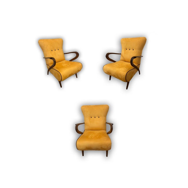 Paolo Buffa - 2 armchairs - 1960s, Milan, Italy Renovated and upholstered in stunning yellow Alcantara in Milan. An iconic...