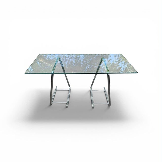 1970's Chrome Paperclip Tubular Tresles With Glass Top Table For Sale - Image 10 of 14