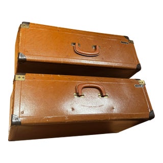Vintage Industrial Salesman Sample Cases – Set of 2 Brown Fiberboard Luggage, Mid-Century Storage Decor For Sale