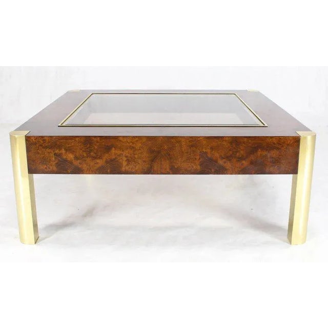 Wood Burl Wood Brass Glass Top Square Coffee Table For Sale - Image 7 of 8