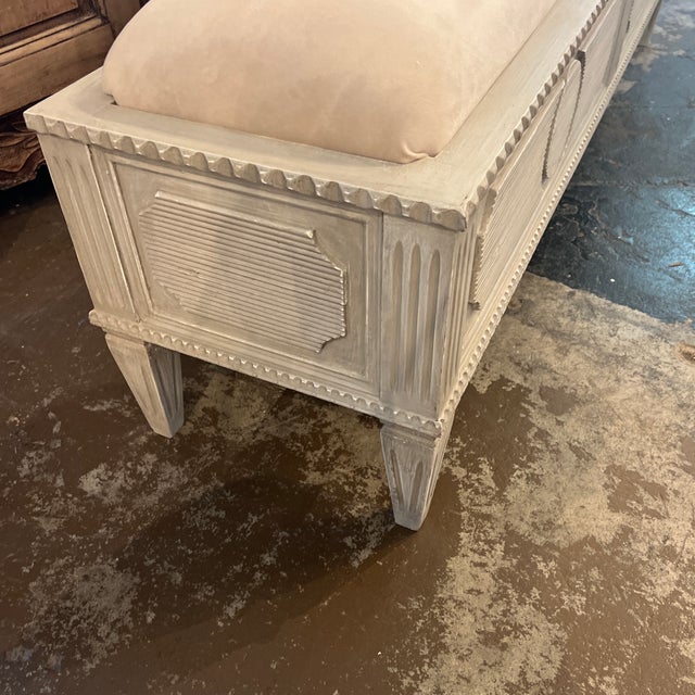 Wood Vintage White Wooden Detailed Carved Bench With Cushion For Sale - Image 7 of 7