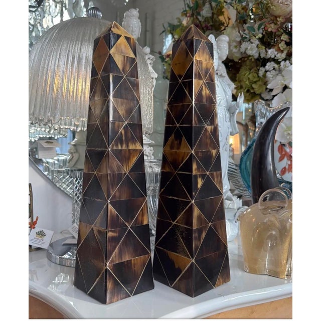 Pair of Mid Century Modern Horn Mosaic Obelisks.