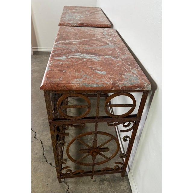 Mid 19th Century Pair of Italian Wrought Iron Consoles With Rosso Verona Marble Tops For Sale - Image 5 of 18