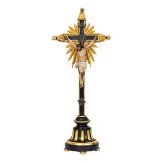 Antique Polychrome Wooden Crucifix on an Ebonized and Gilded Cross. Naples, 1800s For Sale