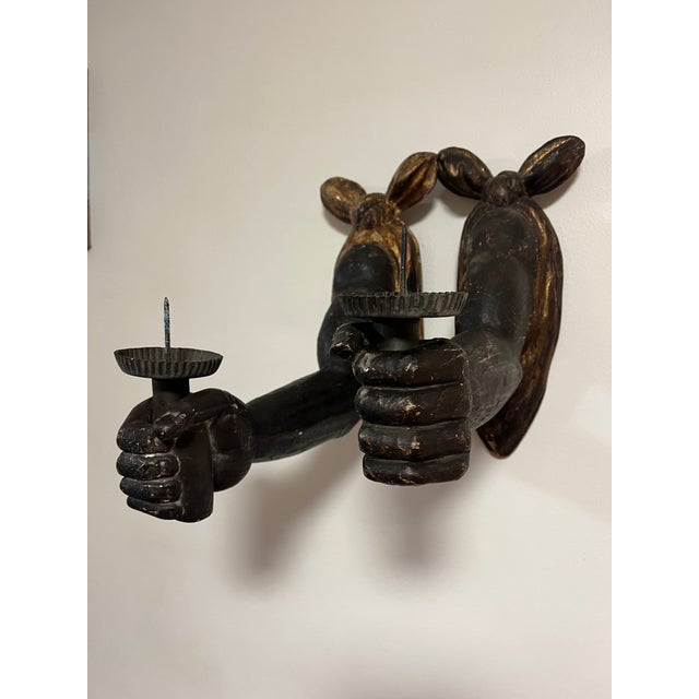 Antique Hand Carved Wooden Powerful Fists Wall Candle Sconces Salvaged Architecture For Sale - Image 12 of 18
