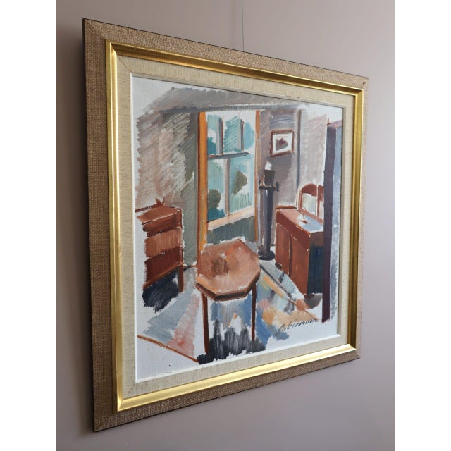 Mid-Century Modern 'Sunlit Parlour' Vintage Swedish Expressive Interior Oil Painting, Framed For Sale - Image 4 of 12