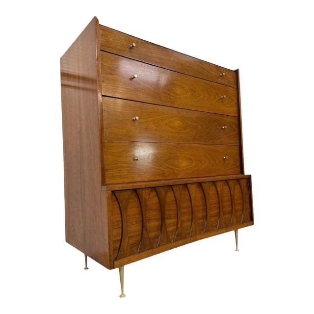 Mid-Century Modern Catseye Walnut High Chest W/Original Legs For Sale