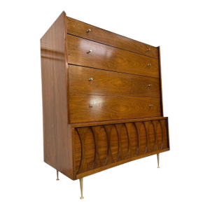 Mid-Century Modern Catseye Walnut High Chest W/Original Legs