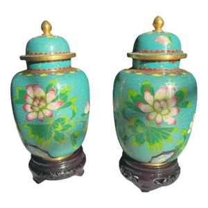 1950s Chinese Cloisonn√© Urns on Pedestals - a Pair