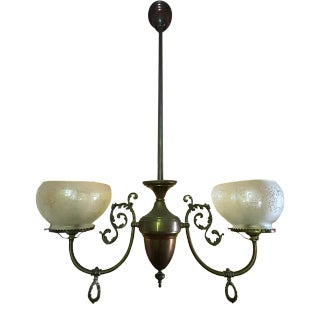 Antique Brass Two Light Chandelier With Etched Glass Shades For Sale