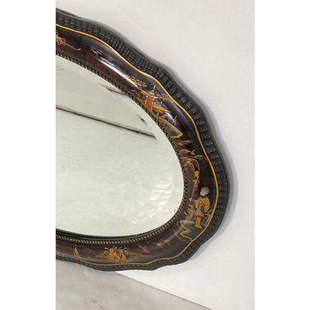 English Oval Beveled Parlour Mirror With Chinoiserie Lacquer Frame (H 22 X W 32) For Sale - Image 4 of 13