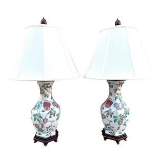 Vintage Pair of Chinese Floral Vase/Table Lamps W/Shade For Sale