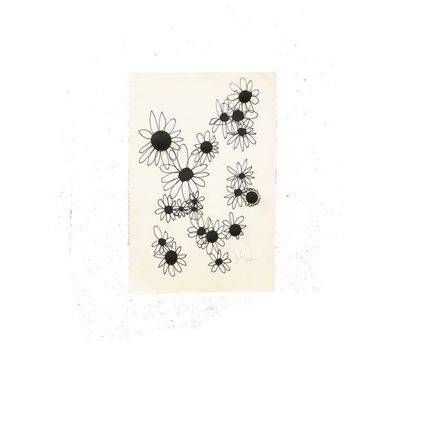 Original abstract floral ink drawing in black and white on paper. Organic daisy-inspired forms with expressive linework...