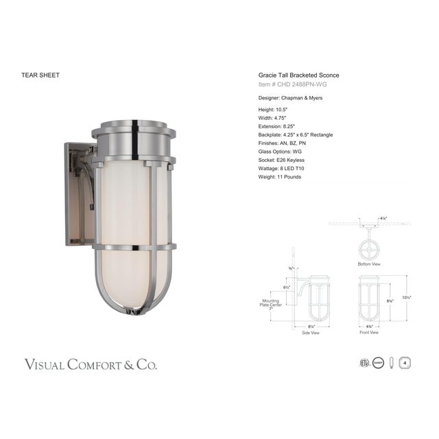 Modern Chapman & Myers for Visual Comfort Signature Gracie Tall Bracketed Sconce in Polished Nickel with White Glass For Sale - Image 3 of 5